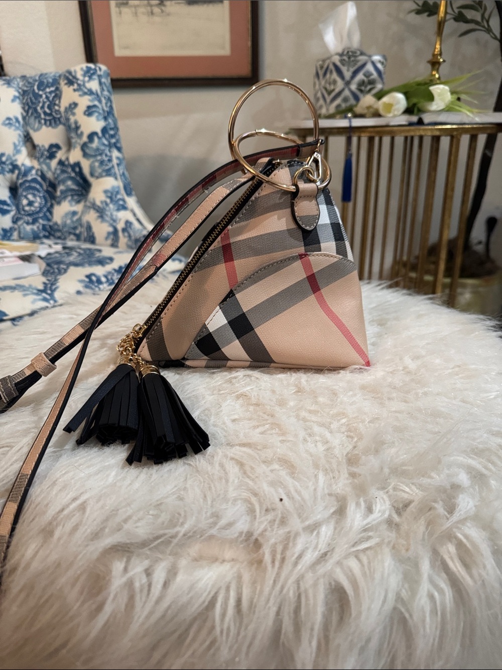 Versona Beige Plaid Triangle Mini Crossbody with Black Tassel